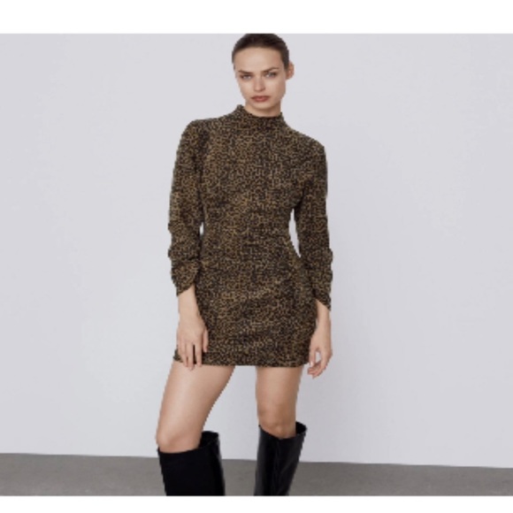 Zara Corduroy Cheetah Long Sleeve Mock Neck Dress - Picture 2 of 10